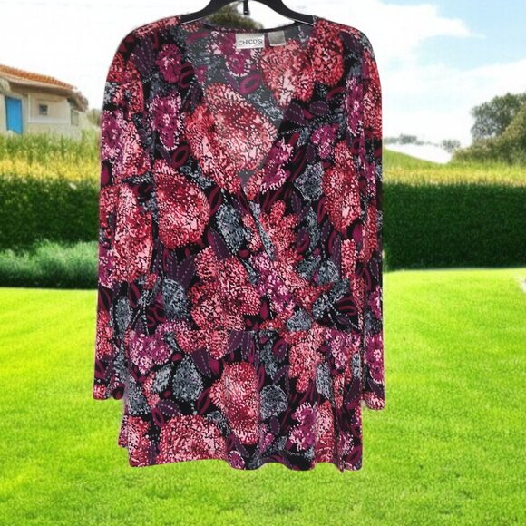 Chico's (Size 2) Floral Faux Wrap Top - Picture 1 of 3